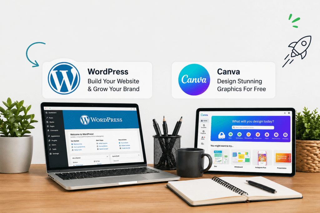 Free tools for bigenner affiliate marketers, WordPress, Canva and Google docs.