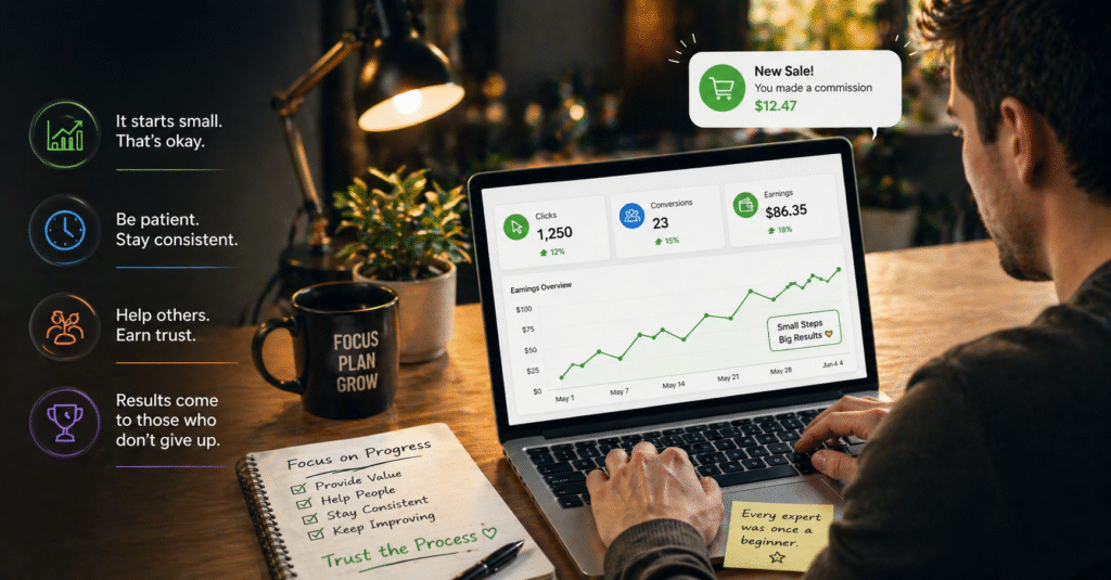 affiliate marketing first earnings small progress realistic income growth.