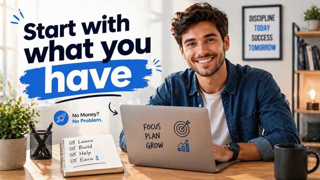 beginner starting affiliate marketing with laptop simple setup no money.