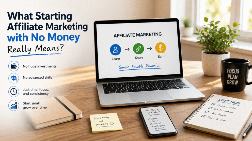 simple setup to start affiliate marketing with no money laptop phone workspace