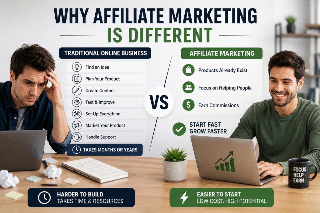 Comparison between traditional online business and affiliate marketing showing how affiliate marketing is easier for beginners because products already exist, allowing people to focus on helping customers and earning commissions.